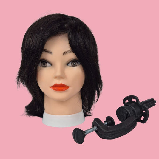 Human Hair Mannequin Head with Table Clamp – 1B Colour, 14 Inch, Perfect for Hair Extension Practice
